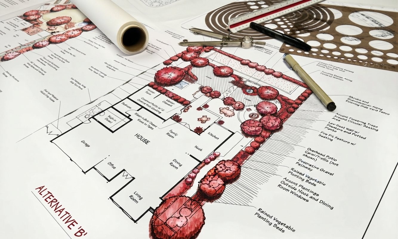 Designer and client discussing a landscape concept drawing