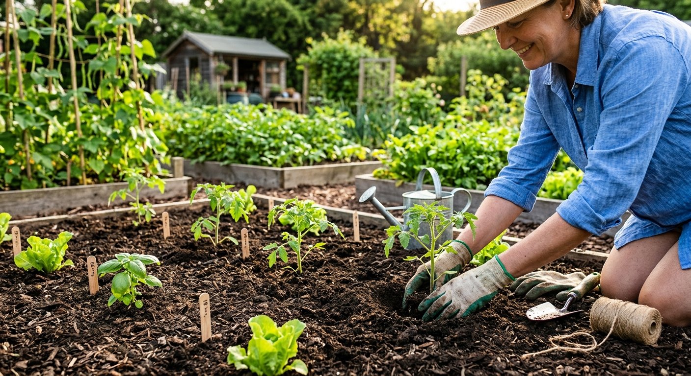 Gardener planting seedlings in a raised bed