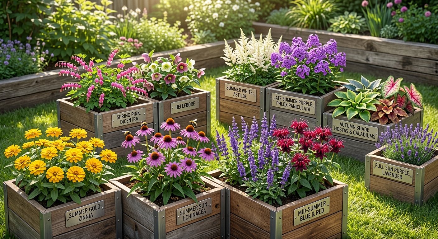 Seasonal flowering plants in labelled wooden planters