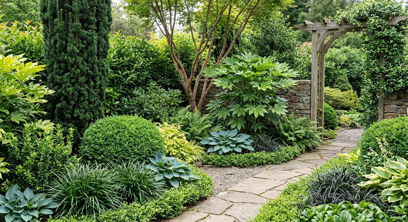 Foliage and structural plants along a garden path