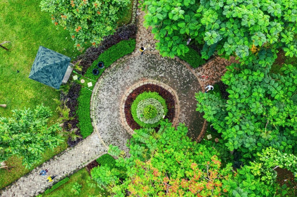 Landscaped garden project, aerial view