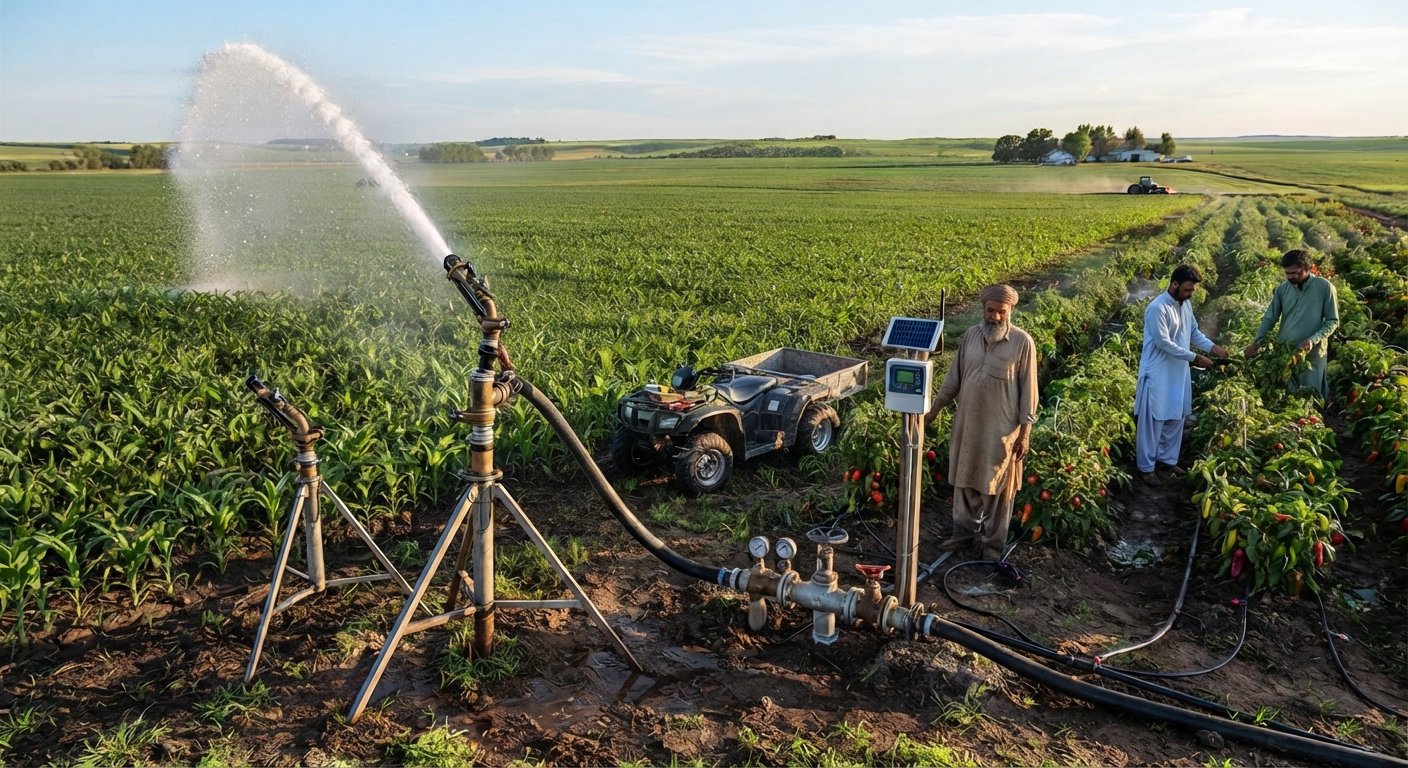 Hybrid setup with rain gun, drip lines and a solar-powered controller