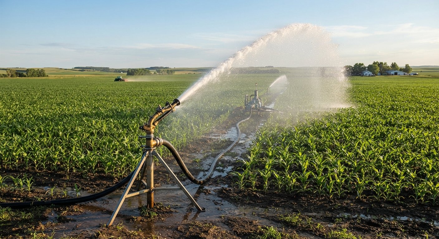 Rain gun sprinkler covering a wide open field