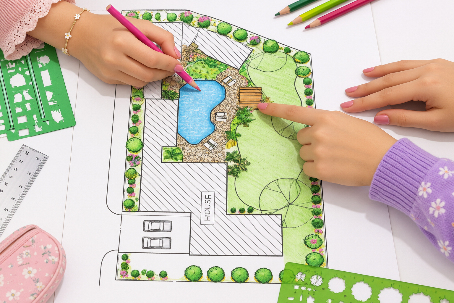Landscape architect reviewing a garden design plan on site